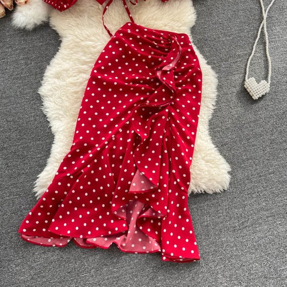 Women Polka Dot Two-Piece Tops and Skirt - Picture 6 of 10